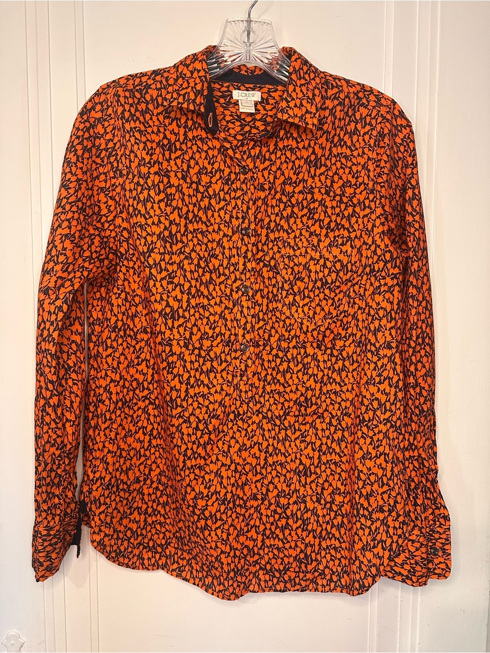 J. Crew Tulips Shirt Womens Size Small Navy Blue Orange Half Button Up Factory
